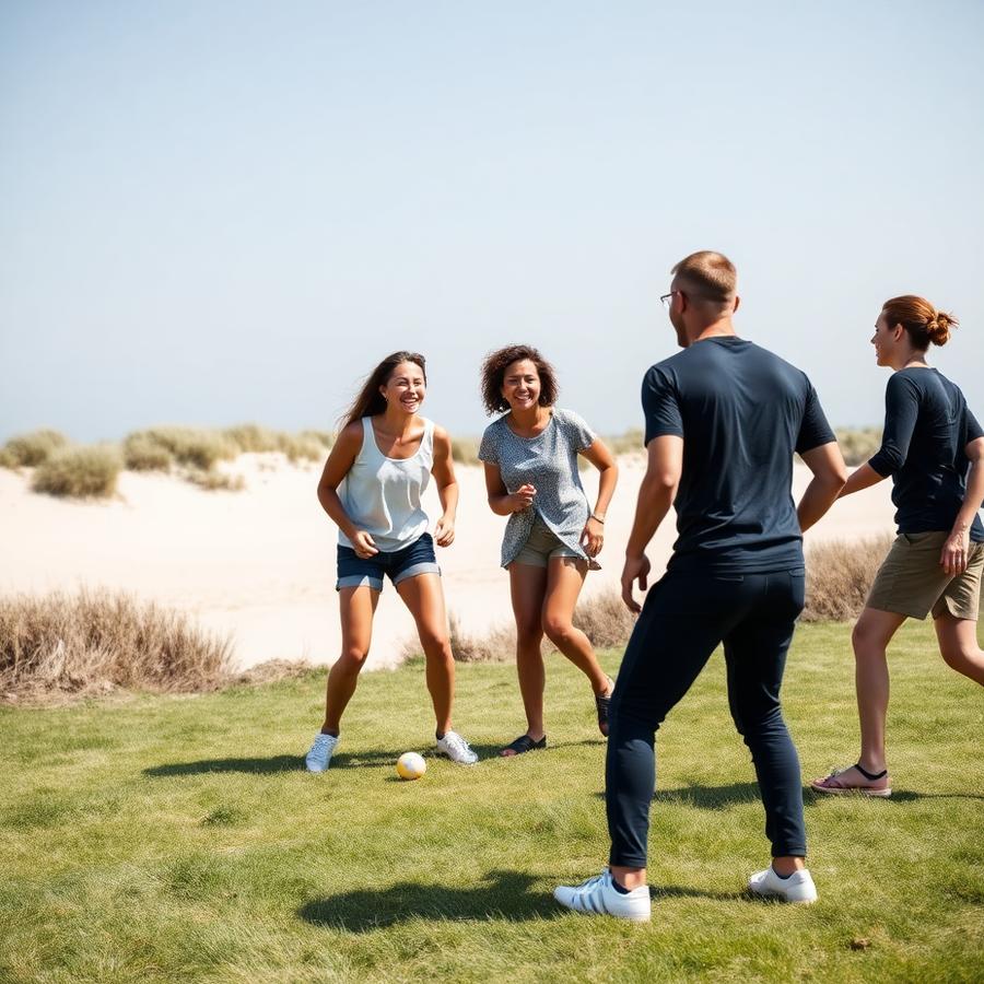 Groep speelt samen een spel op het gras bij de duinen