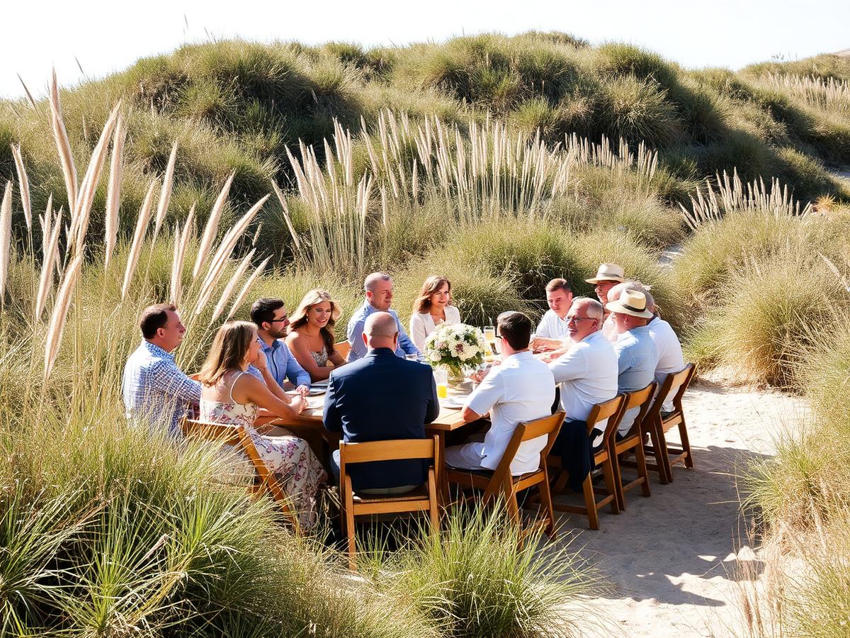Groep aan een lange tafel buiten tussen het duingras