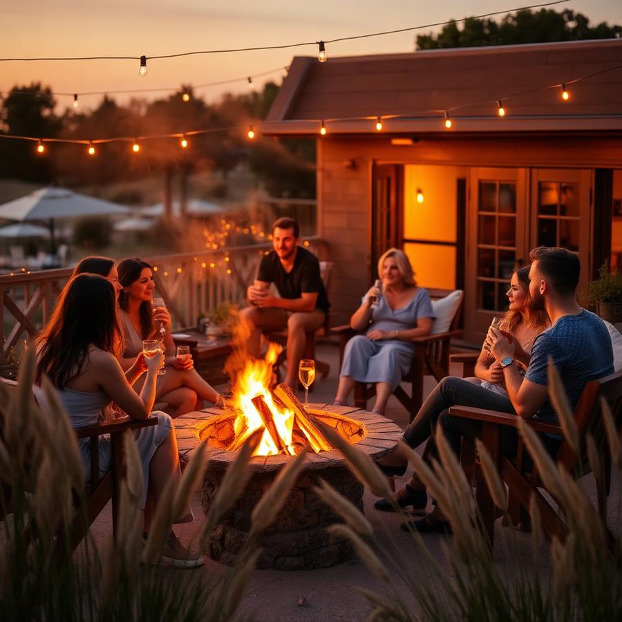 Groep rond het vuur op het terras bij avondlicht