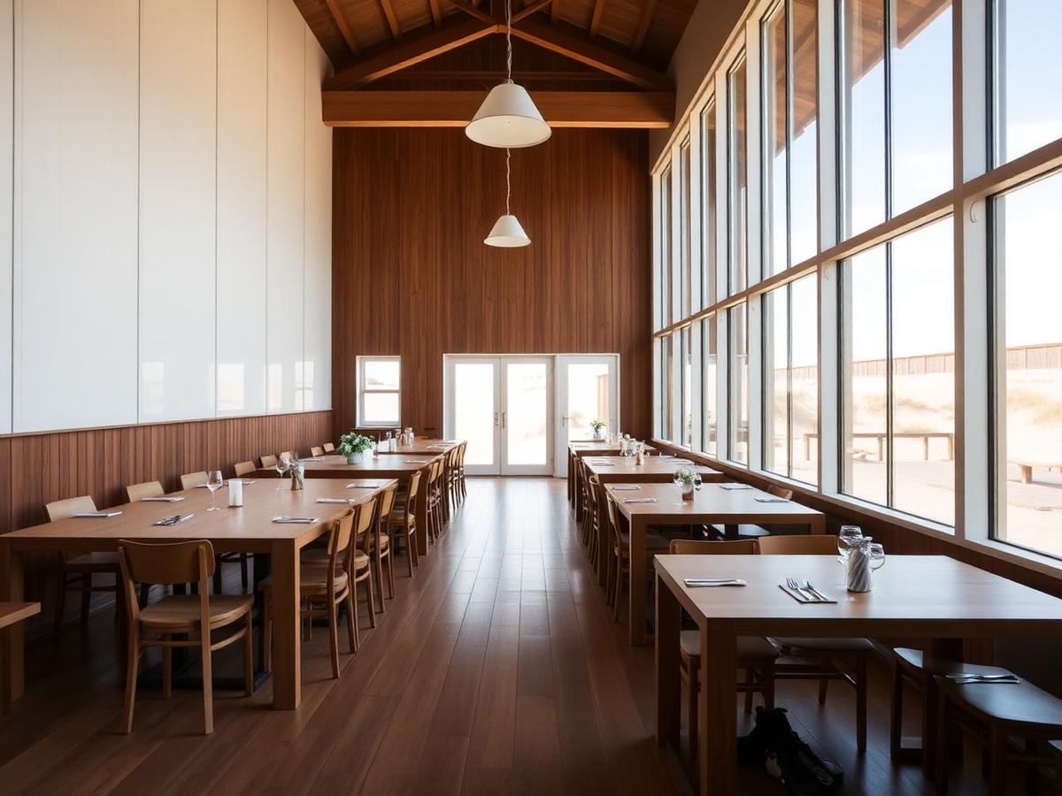 Ruime eetzaal met lange tafels en uitzicht op de duinen